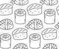 Seamless pattern background with sushi hand drawn doodles. Contour drawing, outline different asian food sushi rolls