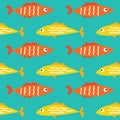 Seamless pattern background texture with colorful yellow and orange cartoon flat tropical sea fish. Sealife underwater