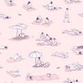 Seamless pattern / background / texture with people sunbathing on sand beach with vintage colors