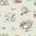 Seamless pattern, background, texture. Watercolor pattern of gardening hobby.