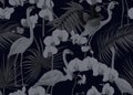 Seamless pattern, background. with tropical plants and flowers with orchid and tropical birds.