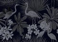 Seamless pattern, background. with tropical plants and flowers with orchid and tropical birds.