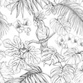 Seamless pattern, background. with tropical plants and flowers with white orchid flowers and tropical birds.n