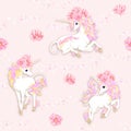 Seamless pattern, background with unicorn and vintage flowers. Vector illustration.