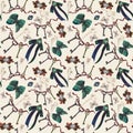 Seamless pattern, background from vintage elements: keys, brooches, bows, butterflies, moths, and flower sprigs.