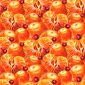 Seamless pattern background with watercolor peeled tangerine slice and red berry. Hand-drawn food citrus fruit orange