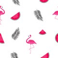 Seamless Pattern Background with Watermelon, Flamingo and Palm Leaf. Vector Illustration