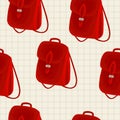 Seamless pattern with backpack on grid paper background. Leather red bag. Flat design. Fashion accessory for school.