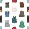 Seamless pattern with backpacks or rucksacks of different models and sizes. Backdrop with stylish bags on white