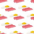 Seamless pattern with bacon strips and fried eggs on white background