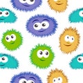 Seamless pattern bacteria with colorful monster face. Vector background with cartoon funny germs Royalty Free Stock Photo