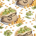 Seamless pattern with bags of money. Packing in bundles of green bank notes and gold coins on white background.