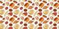 Seamless pattern of baked good, bread, pastry, cookie and pretzel on a white background. Design for bakery wallpaper. Royalty Free Stock Photo