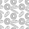 Seamless pattern with bakery products bread and ring shape pastry bun. Hand drawn vector sketch illustration in doodle engraved