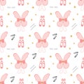 Seamless pattern of ballerina accessories including fairy wings, ballerinas, hair pins, hair clip, eyelashes and stars