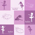 Seamless pattern with ballerinas and feather of swan on white background.