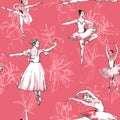 Seamless pattern ballerinas and lilies