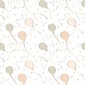 Seamless pattern. Balloons and circles of pastel colors with gold contours and gold serpentine. Vector. Royalty Free Stock Photo