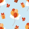 Seamless pattern with balloons, gifts and bows on blue background. Vector illustration for holiday collection, birthday Royalty Free Stock Photo