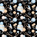 Seamless pattern of balls and skeins of wool, knitting needles and hat on black background. Watercolor backdrop of Royalty Free Stock Photo