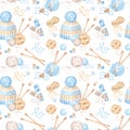 Seamless pattern of balls and skeins of wool, knitting needles and hat on white background. Watercolor backdrop of Royalty Free Stock Photo