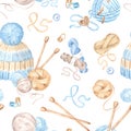 Seamless pattern of balls and skeins of wool, knitting needles and hat on white background. Watercolor backdrop of Royalty Free Stock Photo