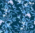 Seamless pattern with bamboo, bird and pink flowers. Vector.