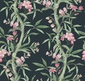 Seamless pattern with bamboo and pink flowers. Vector.