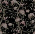 Seamless pattern with bamboo and pink flowers. Vector.