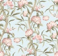 Seamless pattern with bamboo and pink flowers. Vector.