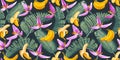 Seamless pattern with Banana leaves, fruits and flowers in realistic style with high details.
