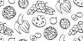 Seamless pattern with banana, grape, citrus, cherimoya. Hand drawn stylized endless fruit vector, black graphic illustration