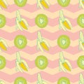 Seamless pattern with banana and kiwi fruits on pink yellow chevron background Royalty Free Stock Photo