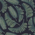 Seamless pattern with vintage dark banana palm leaves  in realistic style with high details. Royalty Free Stock Photo