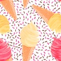 Seamless pattern with banana, pink, vanilla ice cream cones. Summer texture