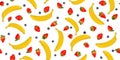 Seamless pattern of banana, strawberry and blueberry on white. Summer fruit and berries background