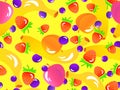 Seamless pattern with banana, strawberry, peach, blueberry. Summer exotic fruit mix with gradient colors in 3d style. Design for