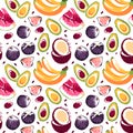 Seamless pattern with bananas, avocado, coconut, figs, watermelon on a white background. Royalty Free Stock Photo