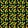 Seamless pattern of bananas and kiwi on a black background. Print.