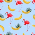 Seamless pattern with bananas and tropical leaves. Hawaiian style background with jungle tropical plants, yellow bananas and exoti