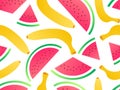 Seamless pattern with bananas and watermelon, gradient colors. Summer fruit mix with watermelon slices and banana on white Royalty Free Stock Photo