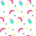 Seamless pattern with bananas and watermelon, ice cream on white background. Memphis vector background. Bright summer