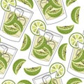 Seamless pattern - bar cocktail Caipirinha with fruits illustration. Cocktail garnish.