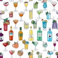 Seamless pattern with bar liquor bottles and cocktails in rainbow LGBT colors. For gay bar diversity pride party Royalty Free Stock Photo