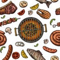 Seamless pattern barbecue grill. Top view charcoal, sausage, fish, steak. Royalty Free Stock Photo