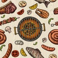 Seamless pattern barbecue grill. Top view charcoal, sausage, fish, steak. Royalty Free Stock Photo