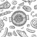 Seamless pattern barbecue grill. Top view charcoal, sausage, fish, steak.