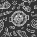 Seamless pattern barbecue grill. Top view charcoal, sausage, fish, steak. Royalty Free Stock Photo