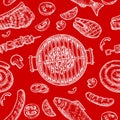 Seamless pattern barbecue grill. Top view charcoal, sausage, fish, steak.