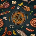 Seamless pattern barbecue grill. Top view charcoal, sausage, fish, steak. Royalty Free Stock Photo